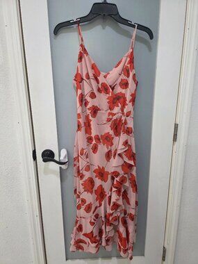 Eliza J Pink Floral Faux Wrap Midi Dress Size 6 Adjustable Straps Double Lined